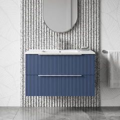 [BFFF395B] Tixall Fluted 2 Drawer Wall Hung Vanity Unit with Minimalist Basin - Choice of Size and Colour - Silo