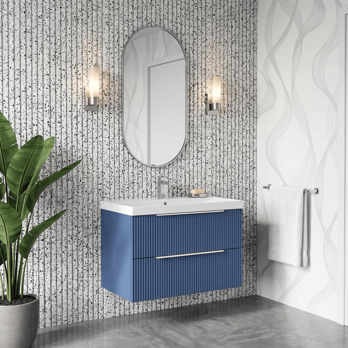 [BFFF395D] Tixall Fluted 2 Drawer Wall Hung Vanity Unit with Thin Edge Basin - Choice of Size and Colour