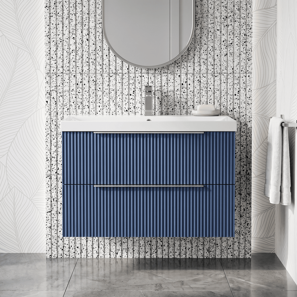 [BFFF395D] Tixall Fluted 2 Drawer Wall Hung Vanity Unit with Thin Edge Basin - Choice of Size and Colour - Silo