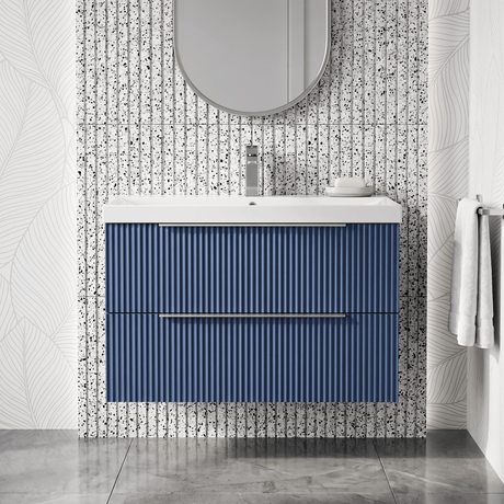[BFFF395D] Tixall Fluted 2 Drawer Wall Hung Vanity Unit with Thin Edge Basin - Choice of Size and Colour - Silo