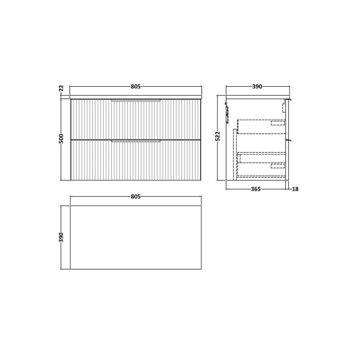 [BFFF395LBG] Tixall Fluted 2 Drawer Wall Hung Vanity Unit with Bellato Grey Laminate Worktop - Choice of Size and Colour - Technical Drawing