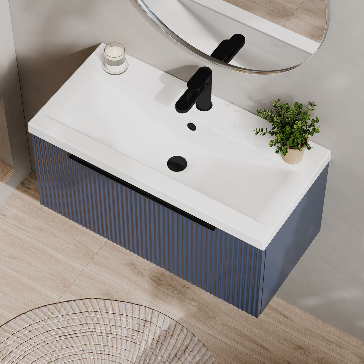 [BFFF396AH226] Tixall Fluted Front Wall Hung Vanity Basin Unit 800mm - 1 Drawer - Lifestyle 2