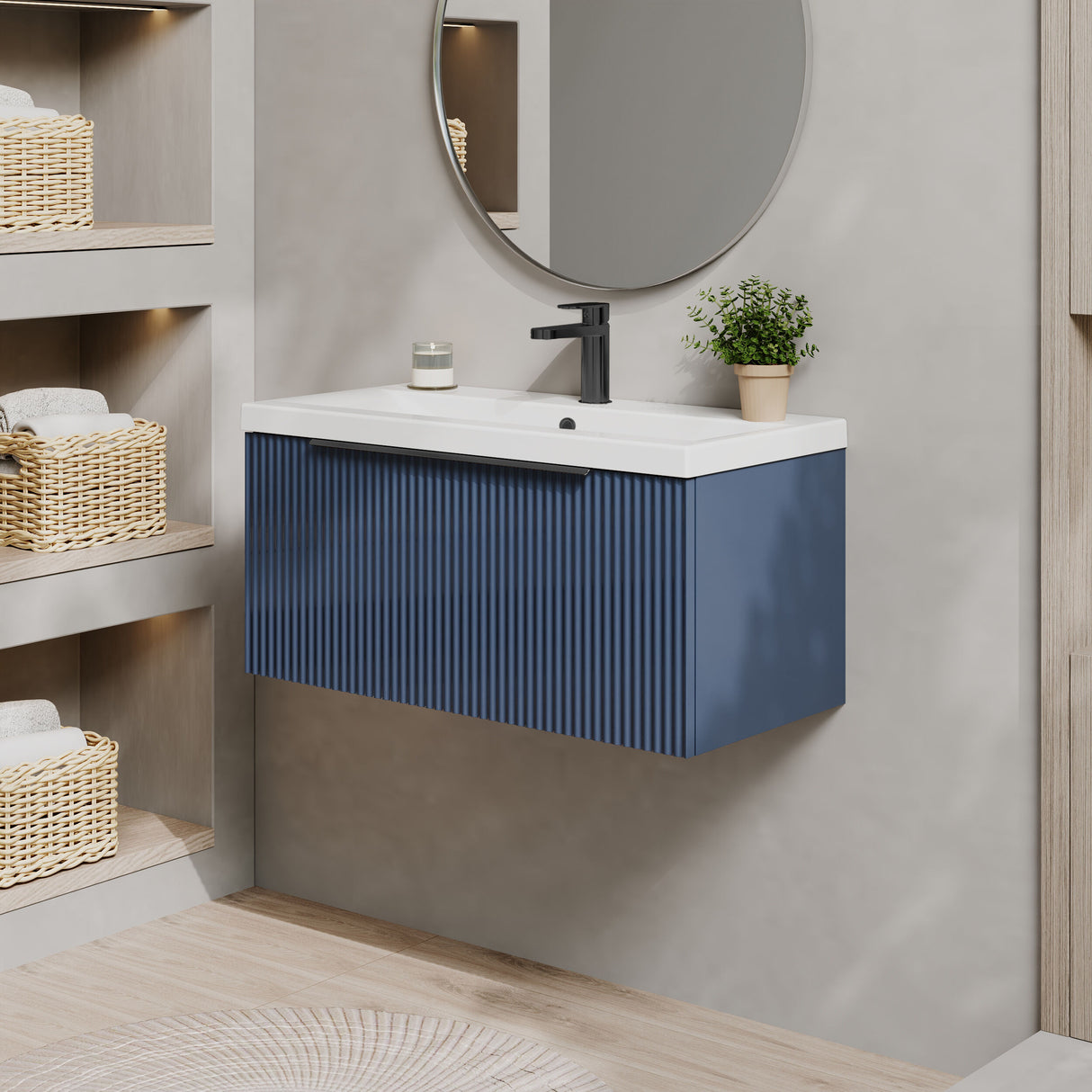 [BFFF396AH226] Tixall Fluted Front Wall Hung Vanity Basin Unit 800mm - 1 Drawer - Lifestyle 3