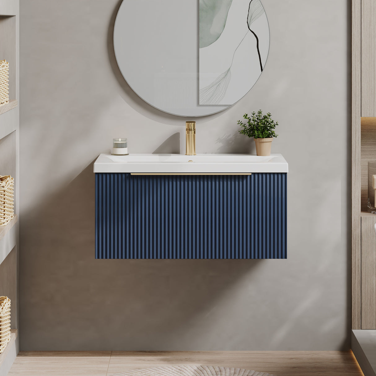 [BFFF396AH326] Tixall Fluted Front Wall Hung Vanity Basin Unit 800mm - 1 Drawer - Lifestyle 1