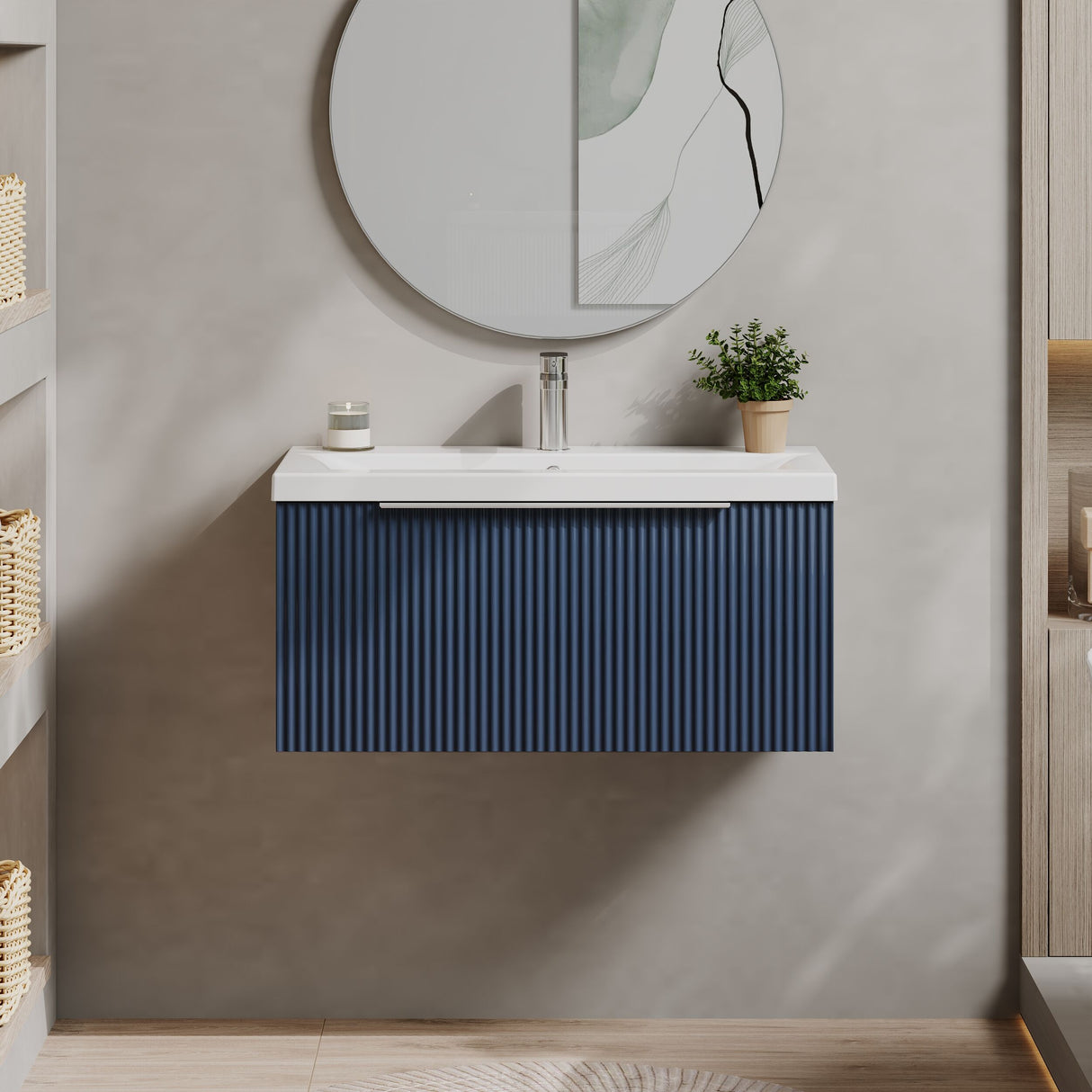 [BFFF396A] Tixall Fluted Front Wall Hung Vanity Basin Unit 800mm - 1 Drawer - Lifestyle 1