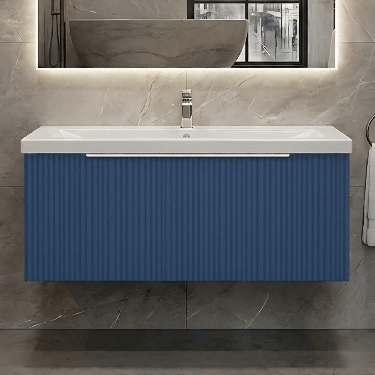 [BFFF396A] Tixall Fluted Front Wall Hung Vanity Basin Unit with Choice of Size, Colour and Handle Options - Silo