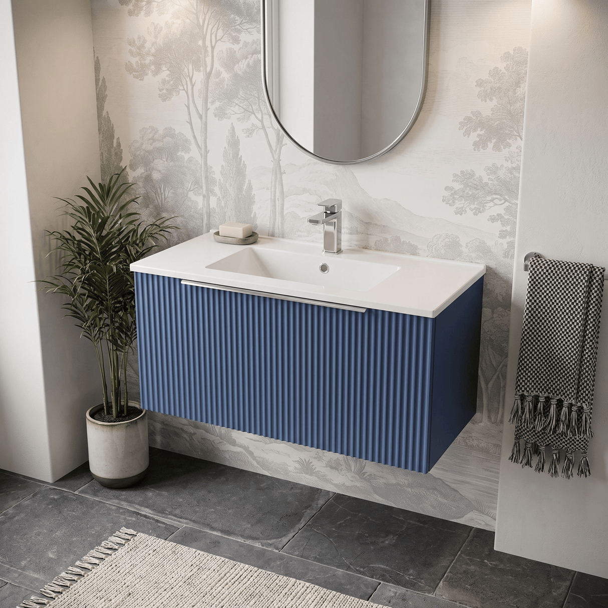 [BFFF396B] Tixall 1 Drawer Wall Hung Vanity Basin Unit with 1 Tap Hole Minimalist Ceramic Basin, Choice of Size and Colour