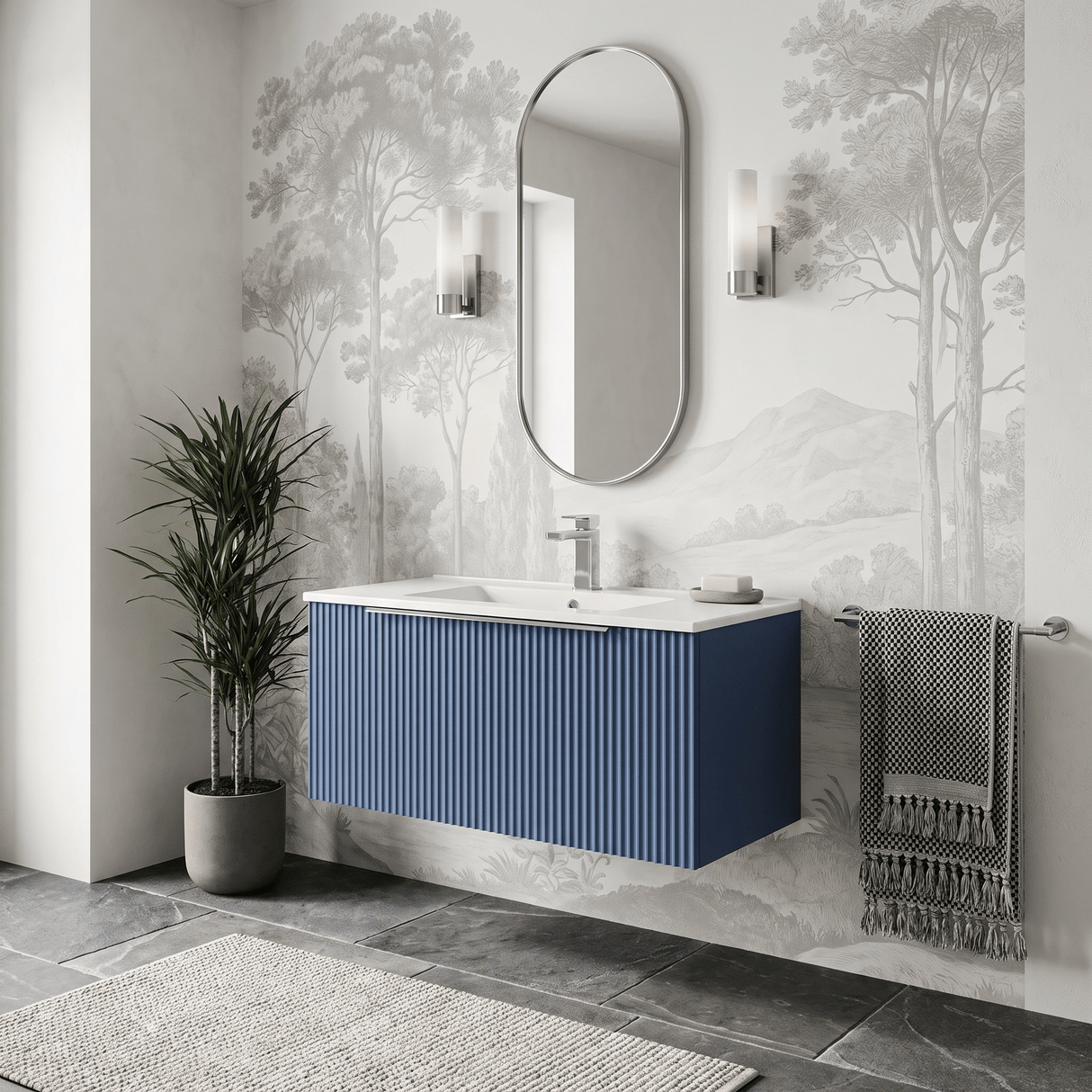 [BFFF396B] Tixall 1 Drawer Wall Hung Vanity Basin Unit with 1 Tap Hole Minimalist Ceramic Basin, Choice of Size and Colour