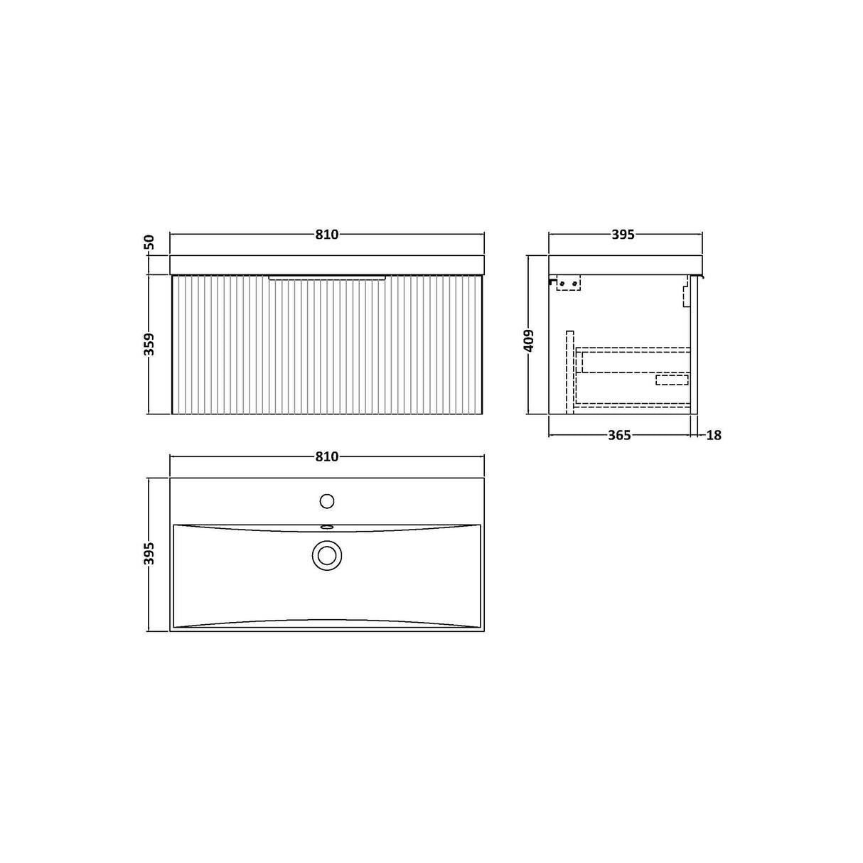 [BFFF396D] Tixall 1 Drawer Wall Hung Vanity Basin Unit with 1 Tap Hole Thin-Edge Ceramic Basin, Choice of Size and Colour - Technical Drawing