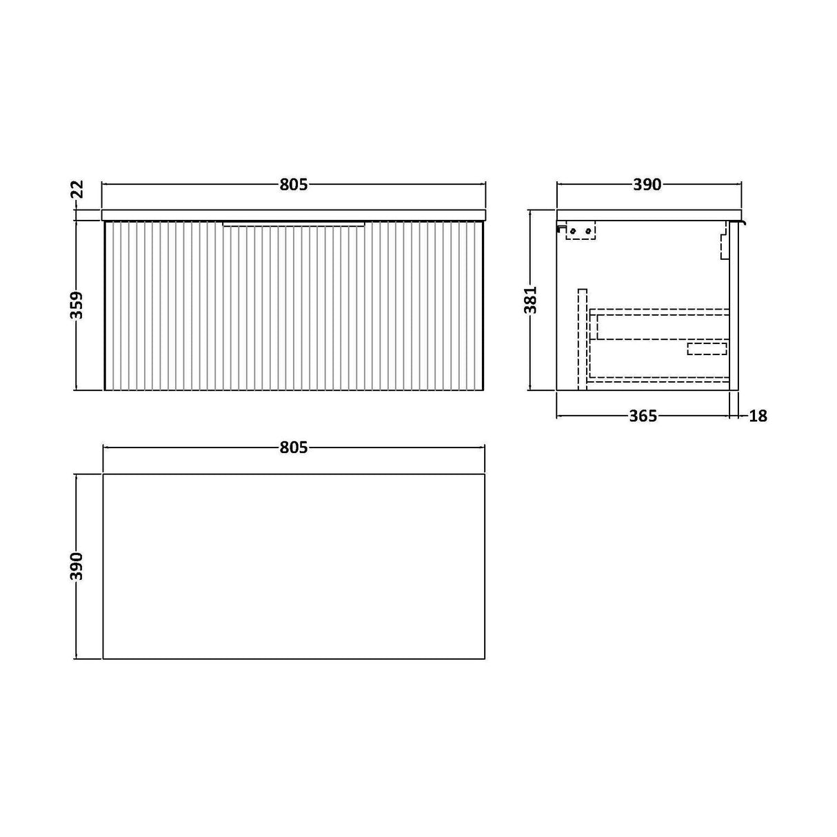 [BFFF396LBG] Tixall Fluted 1 Drawer Wall Hung Vanity Unit with Carrera Marble Laminate Worktop, Choice of Size and Colour - Technical Drawing