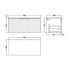 [BFFF396LCM] Tixall Fluted 1 Drawer Wall Hung Vanity Unit with Carrera Marble Laminate Worktop - Choice of Size and Colour - Technical Drawing