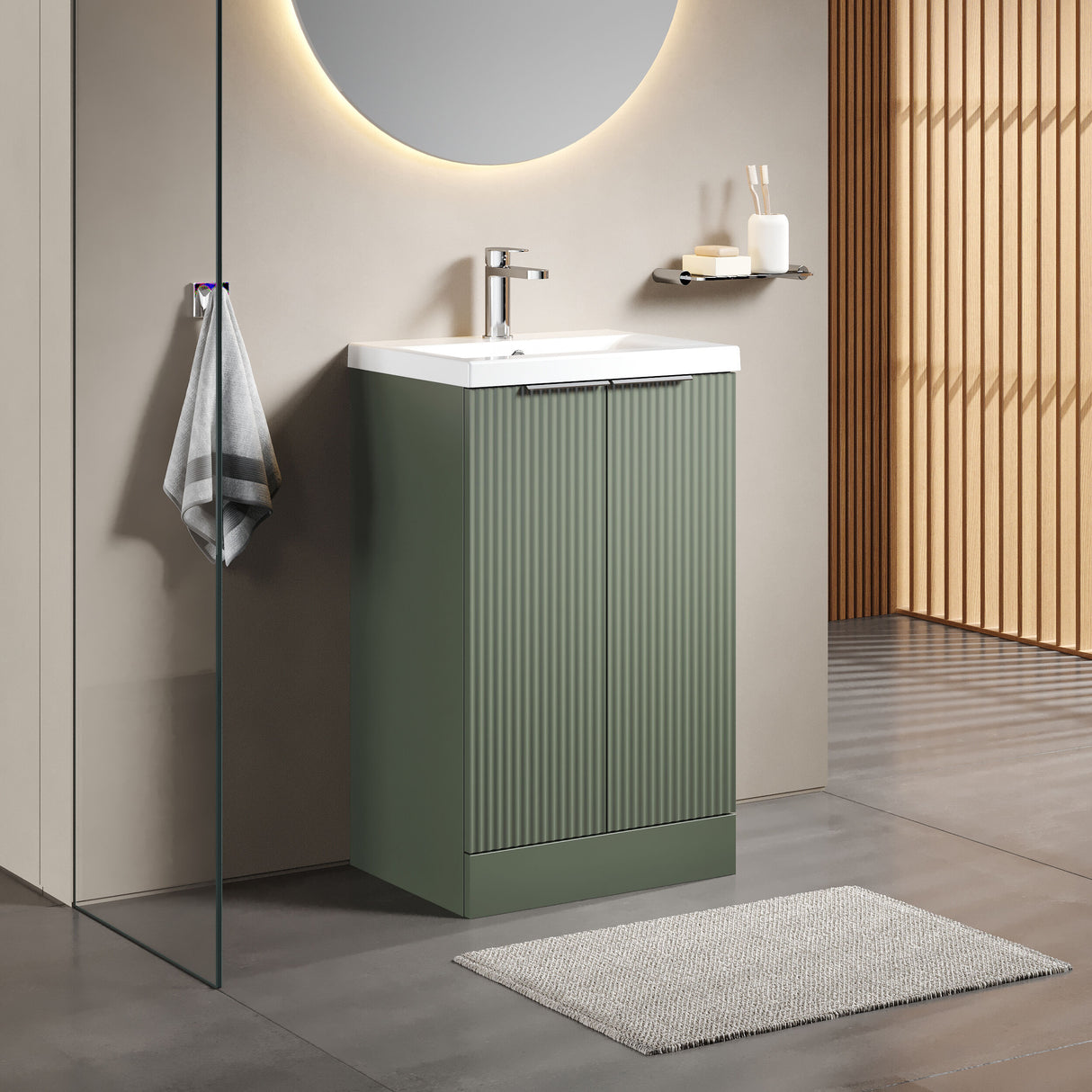 [BFFF823A] Tixall Fluted Front Floor Standing Vanity Basin Unit with Choice of Size, Colour and Handle Options - Lifestyle 3