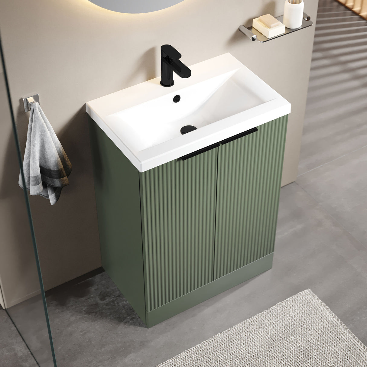 [BFFF825AH224] Tixall Fluted Front Floor Standing Vanity Basin Unit with Choice of Size, Colour and Handle Options - Lifestyle 2