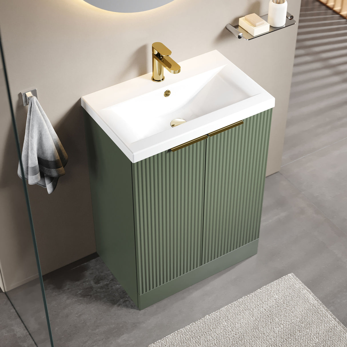 [BFFF825AH324] Tixall Fluted Front Floor Standing Vanity Basin Unit with Choice of Size, Colour and Handle Options - Lifestyle 2