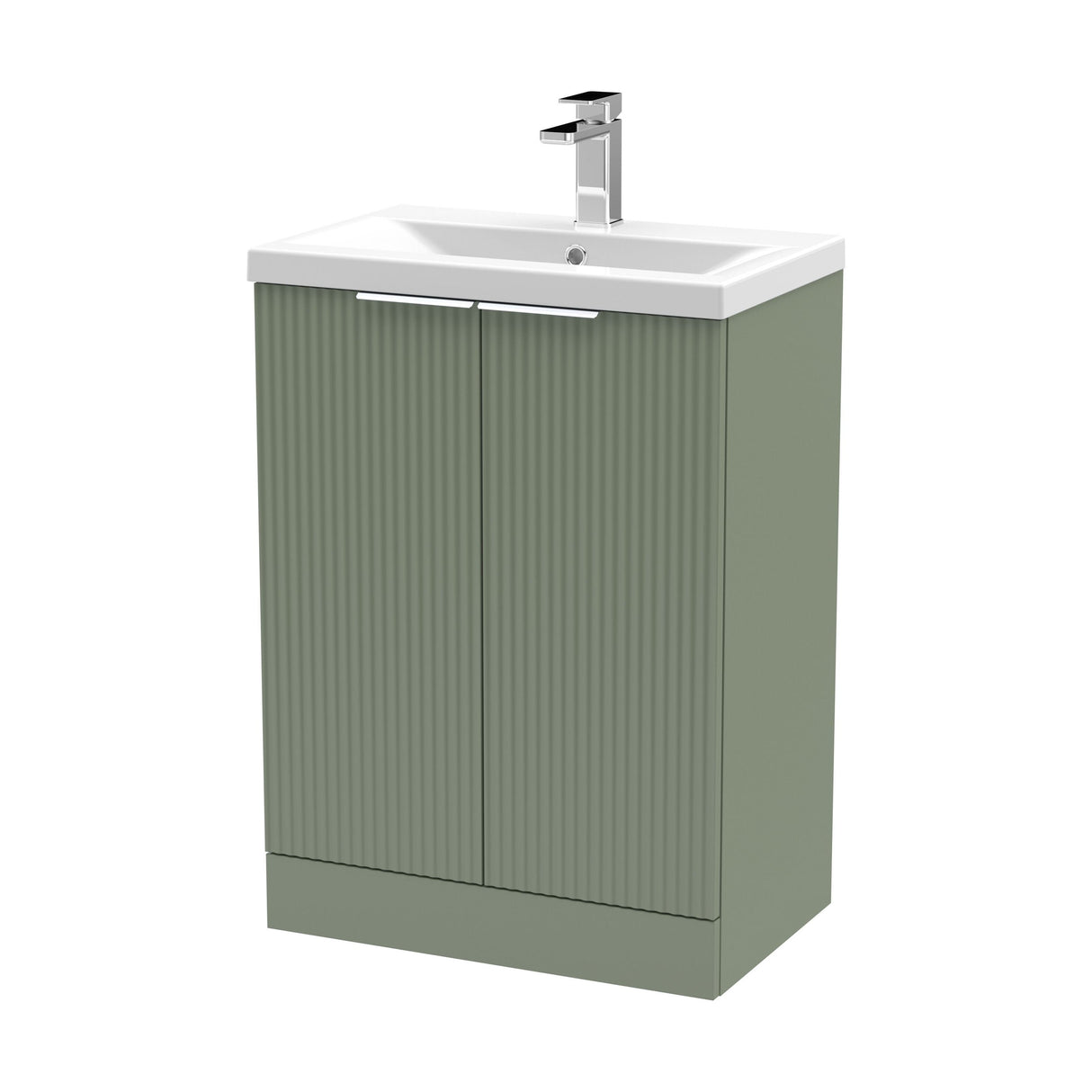 [BFFF825A] Balterley Fluted Front Floor Standing 2 Door Vanity Basin Unit with Ceramic Basin 600mm - Satin Green - Cutout