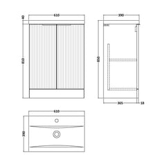 [BFFF825A] Tixall Fluted Front Floor Standing Vanity Basin Unit with Choice of Size, Colour and Handle Options - Technical Drawing