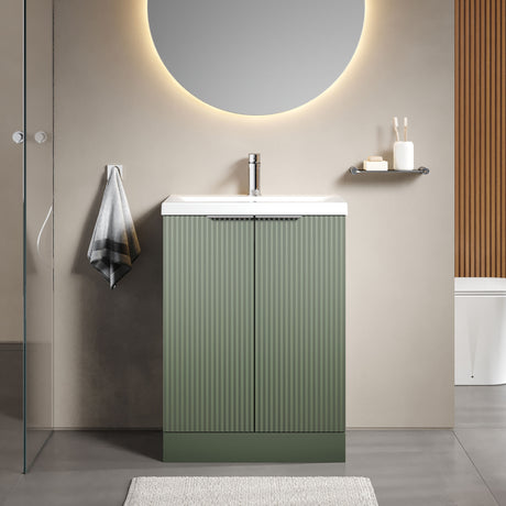 [BFFF825A] Balterley Fluted Front Floor Standing 2 Door Vanity Basin Unit with Ceramic Basin 600mm - Satin Green - Lifestyle 1