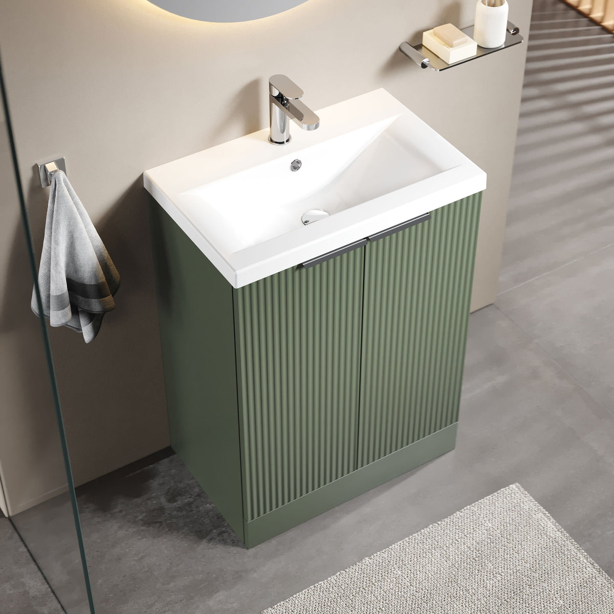 [BFFF825A] Tixall Fluted Front Floor Standing Vanity Basin Unit with Choice of Size, Colour and Handle Options - Lifestyle 2