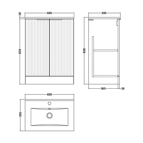 [BFFF825B] Tixall Fluted 2 Door Floor Standing Vanity Unit with Minimalist Basin, Satin Green, 600mm - Technical Drawing