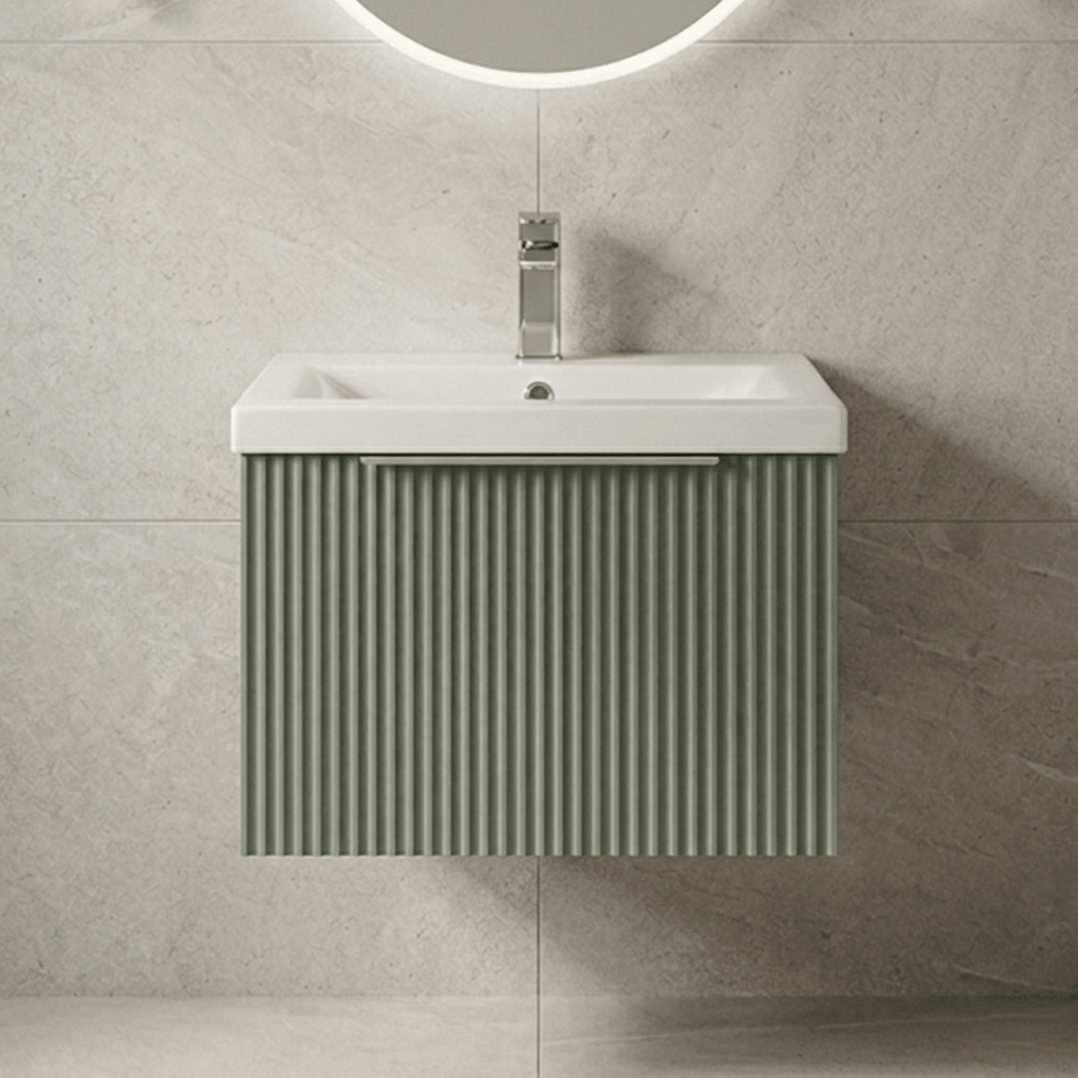 [BFFF891A] Tixall Fluted Front Wall Hung Vanity Basin Unit with Choice of Size, Colour and Handle Options - Silo