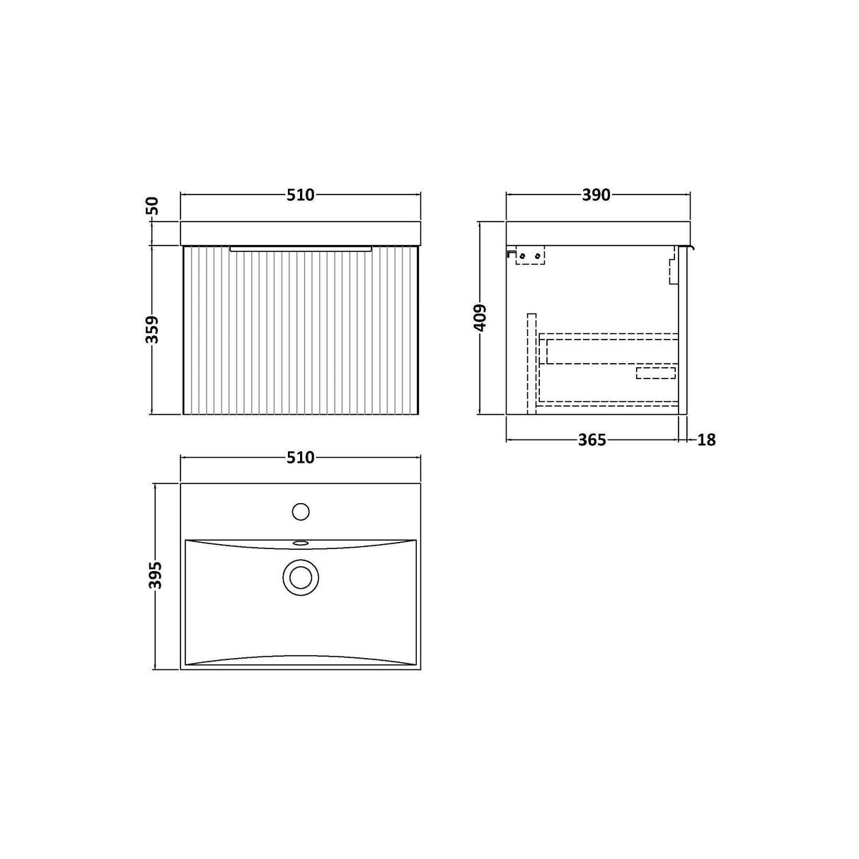 [BFFF891D] Tixall 1 Drawer Wall Hung Vanity Basin Unit with 1 Tap Hole Thin-Edge Ceramic Basin, Choice of Size and Colour - Technical Drawing