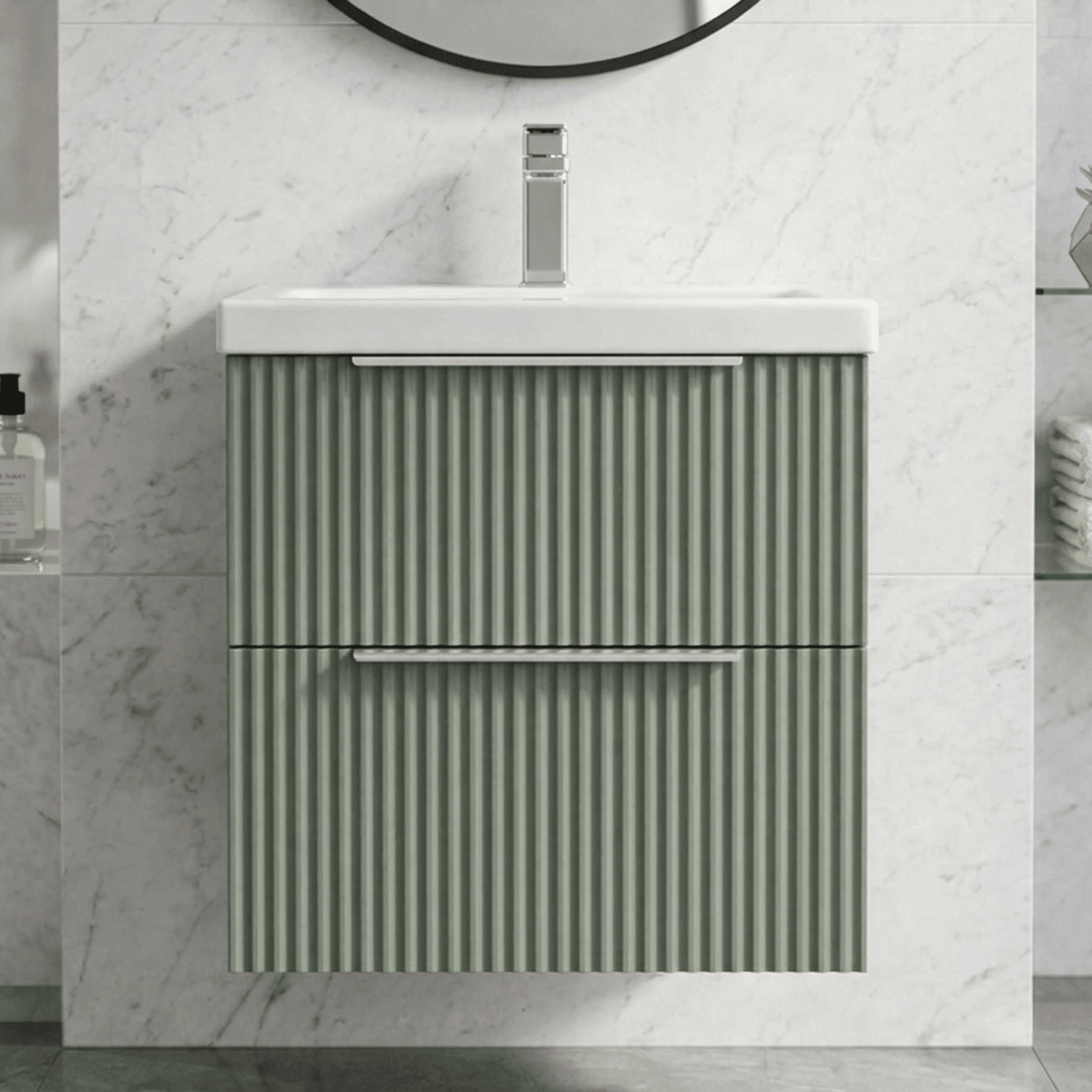 [BFFF892A] Tixall Fluted Front Wall Hung Vanity Basin Unit with Choice of Size, Colour and Handle Options - Silo