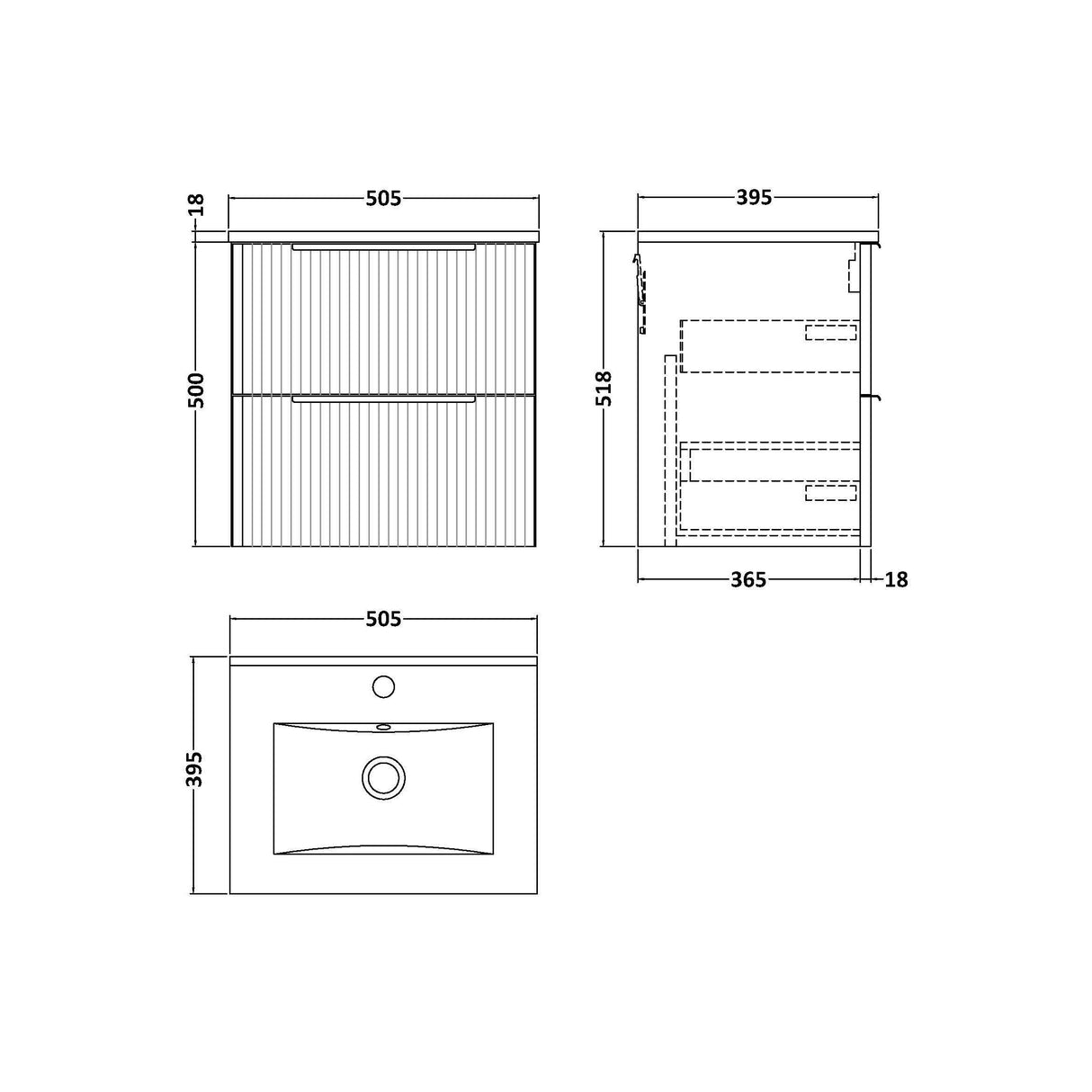 [BFFF892B] Tixall Fluted 2 Drawer Wall Hung Vanity Unit with Minimalist Basin - Choice of Size and Colour - Technical Drawing