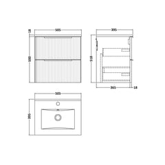 [BFFF892B] Tixall Fluted 2 Drawer Wall Hung Vanity Unit with Minimalist Basin - Choice of Size and Colour - Technical Drawing