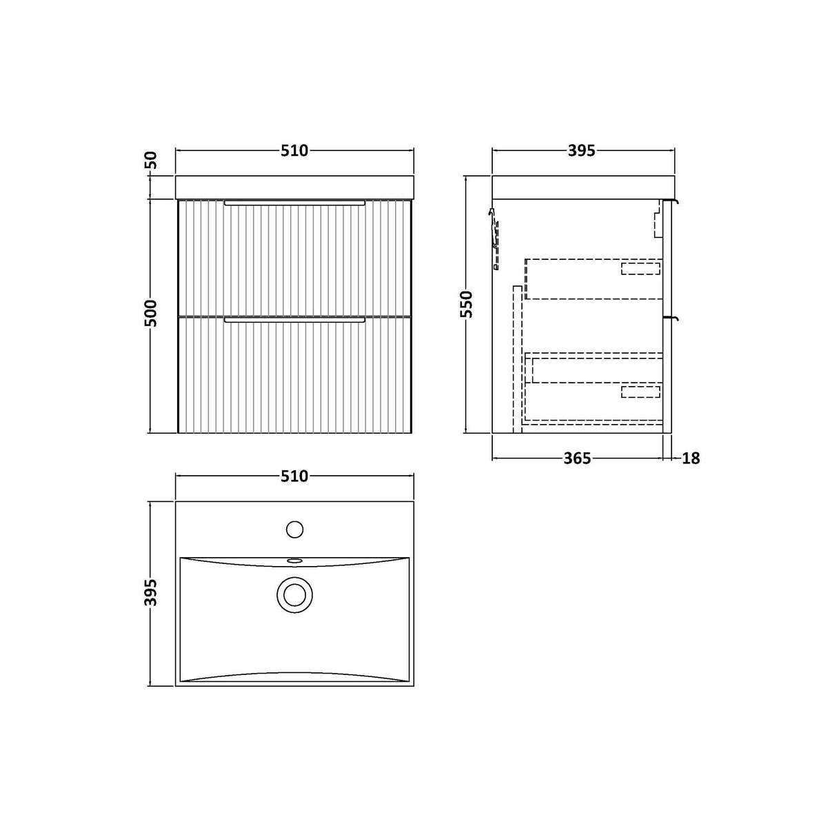 [BFFF892D] Tixall Fluted 2 Drawer Wall Hung Vanity Unit with Thin Edge Basin - Choice of Size and Colour - Technical Drawing