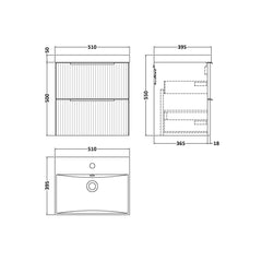 [BFFF892D] Tixall Fluted 2 Drawer Wall Hung Vanity Unit with Thin Edge Basin - Choice of Size and Colour - Technical Drawing