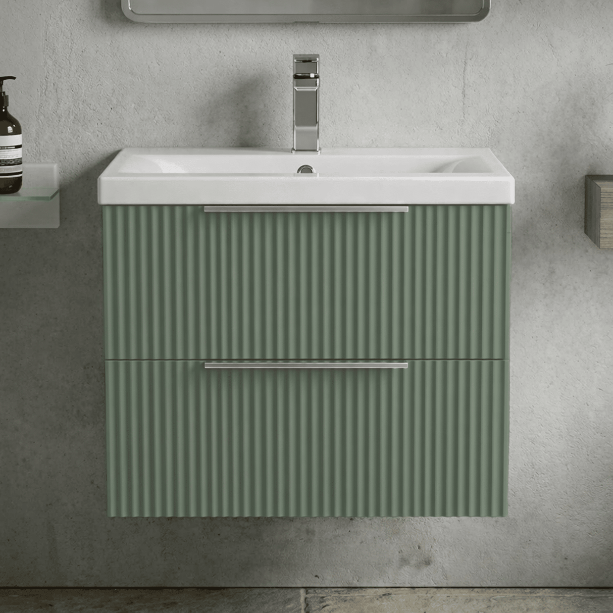 [BFFF893A] Tixall Fluted Front Wall Hung Vanity Basin Unit with Choice of Size, Colour and Handle Options - Silo