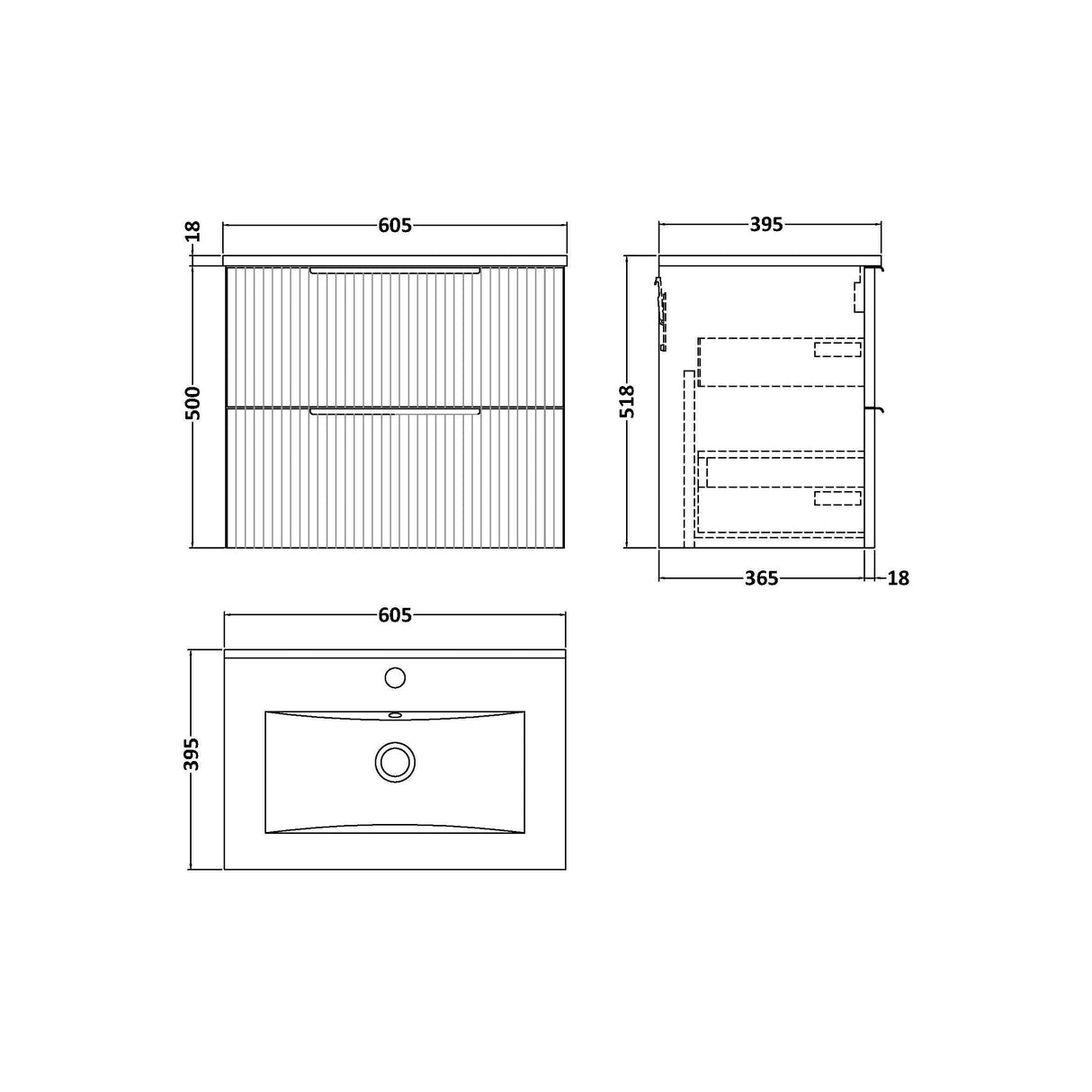 [BFFF893B] Tixall Fluted 2 Drawer Wall Hung Vanity Unit with Minimalist Basin - Choice of Size and Colour - Technical Drawing