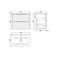 [BFFF893B] Tixall Fluted 2 Drawer Wall Hung Vanity Unit with Minimalist Basin - Choice of Size and Colour - Technical Drawing