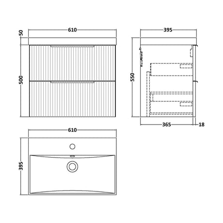 [BFFF893D] Tixall Fluted 2 Drawer Wall Hung Vanity Unit with Thin Edge Basin, Satin Green, 600mm - Technical Drawing