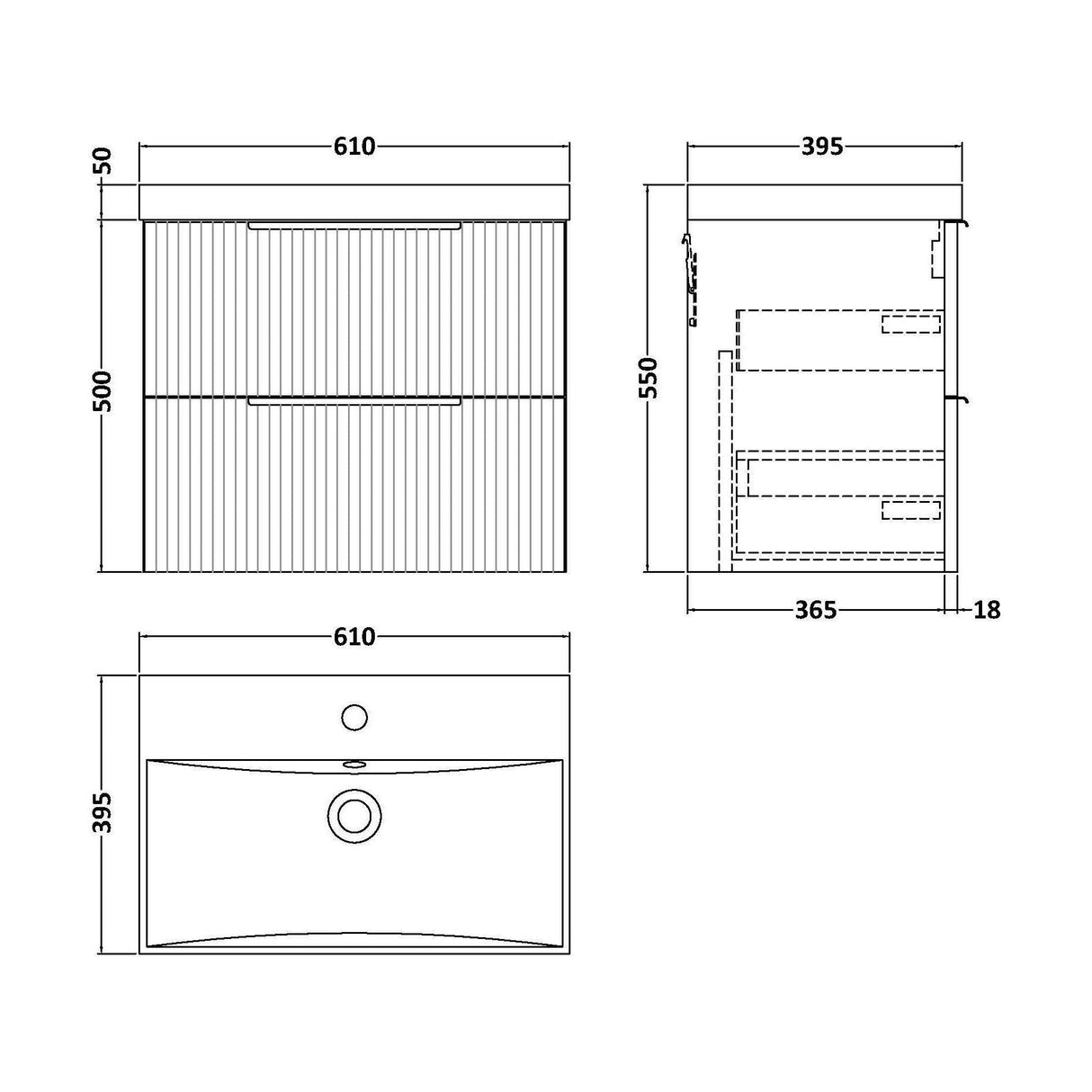 [BFFF893D] Tixall Fluted 2 Drawer Wall Hung Vanity Unit with Thin Edge Basin - Choice of Size and Colour - Technical Drawing