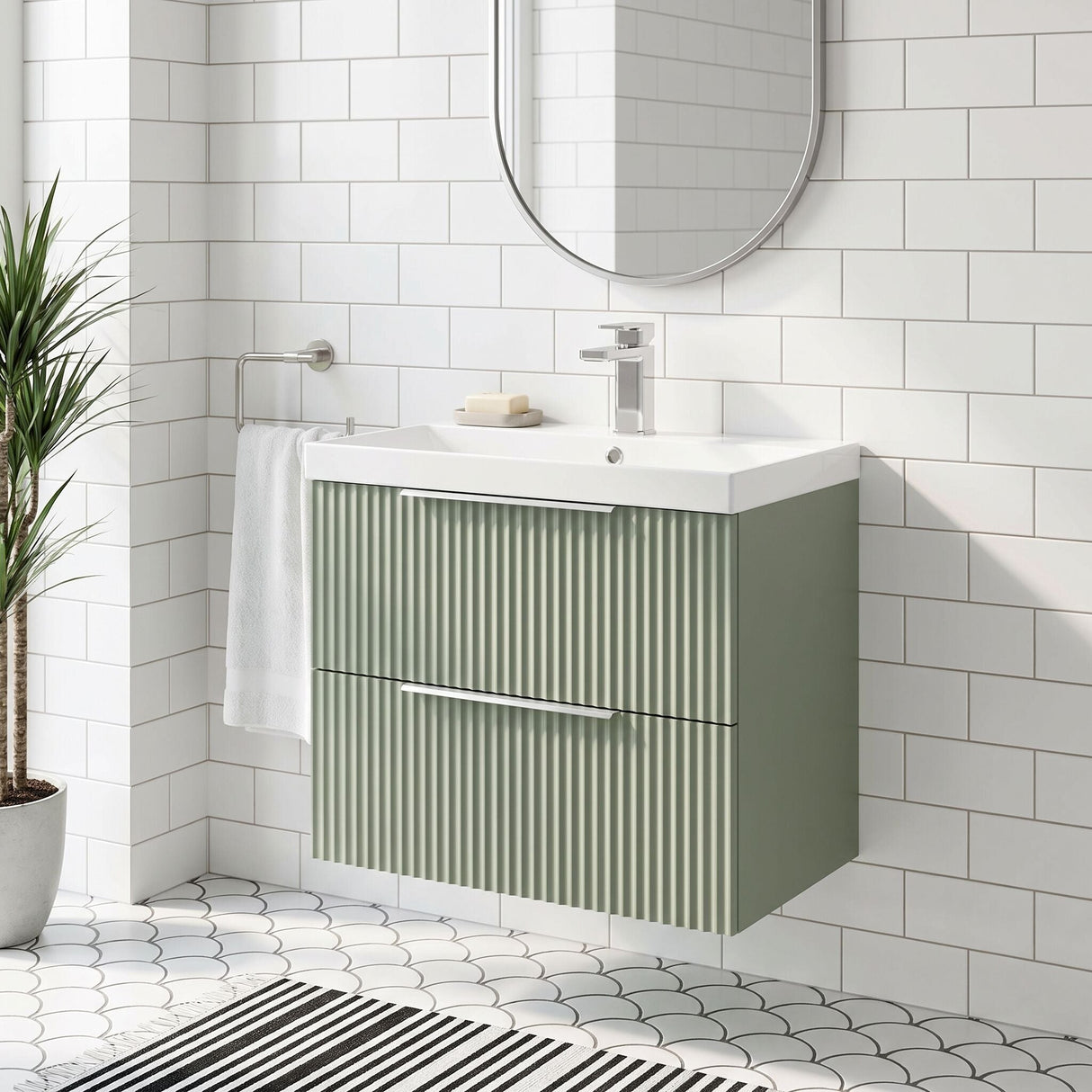 [BFFF893D] Tixall Fluted 2 Drawer Wall Hung Vanity Unit with Thin Edge Basin - Choice of Size and Colour