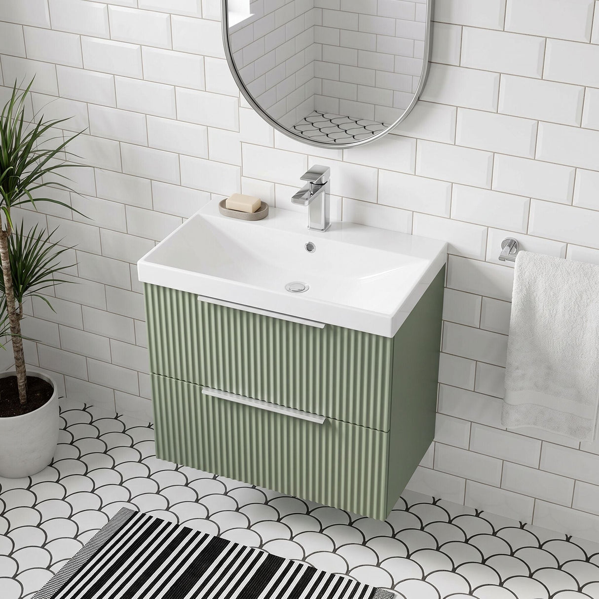 [BFFF893D] Tixall Fluted 2 Drawer Wall Hung Vanity Unit with Thin Edge Basin - Choice of Size and Colour