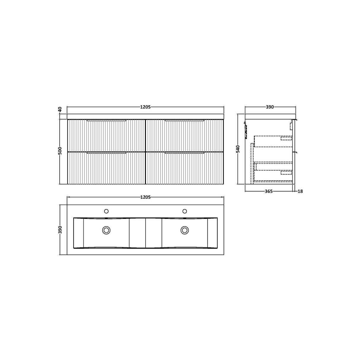 [BFFF893F] Tixall Fluted 4 Drawer Wall Hung Vanity Unit with Double Basin - Choice of Colour - Technical Drawing