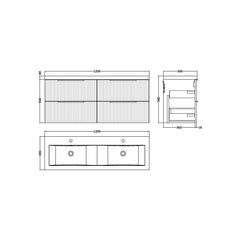 [BFFF893F] Tixall Fluted 4 Drawer Wall Hung Vanity Unit with Double Basin - Choice of Colour - Technical Drawing