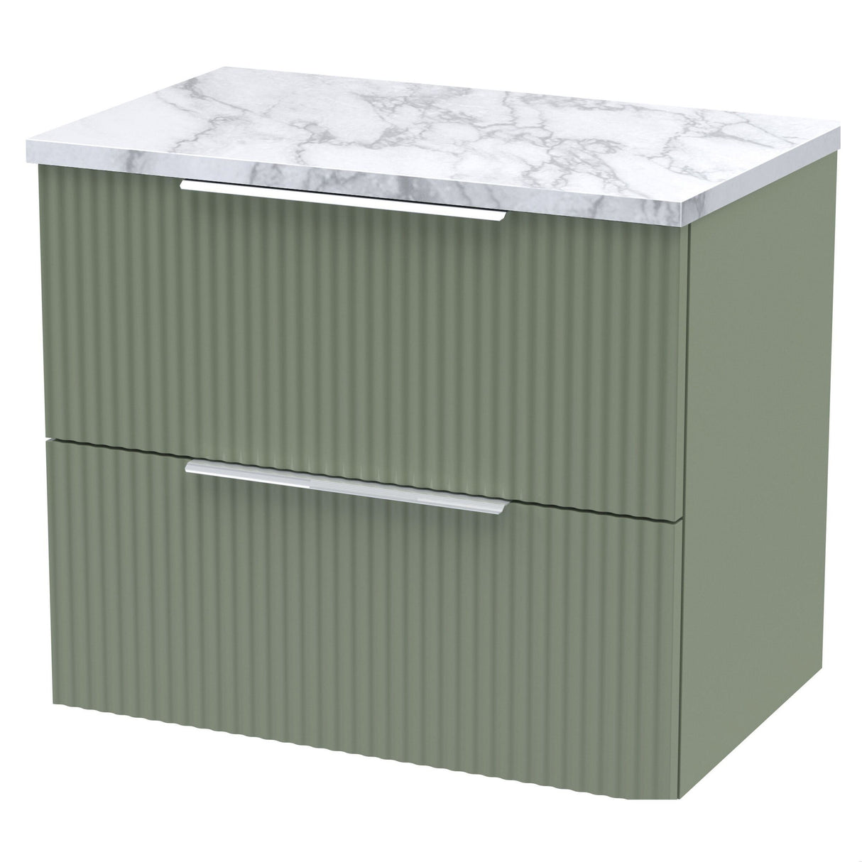 [BFFF893LCM] Tixall Fluted 2 Drawer Wall Hung Vanity Unit with Carrera Marble Laminate Worktop - Choice of Size and Colour - Cutout