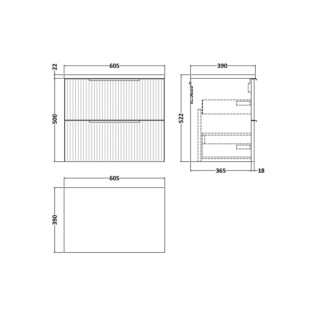 [BFFF893LCM] Tixall Fluted 2 Drawer Wall Hung Vanity Unit with Carrera Marble Laminate Worktop - Choice of Size and Colour - Technical Drawing