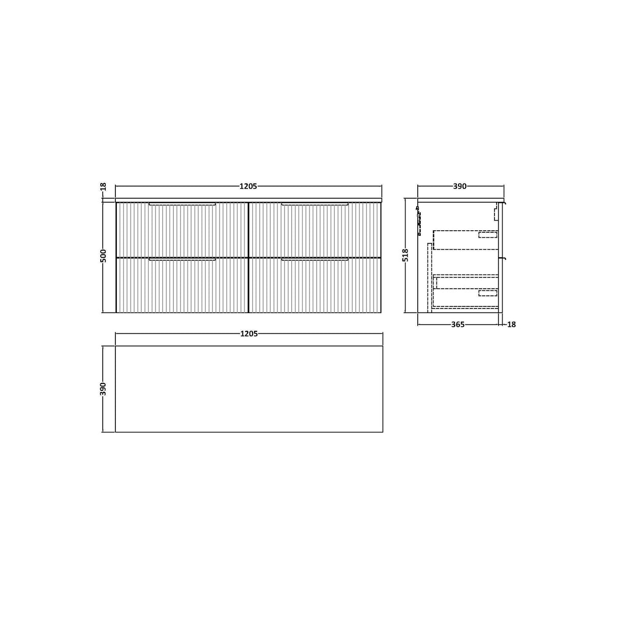 [BFFF893W2] Tixall Fluted 4 Drawer Wall Hung Vanity Unit with Worktop - Choice of Colour - Technical Drawing