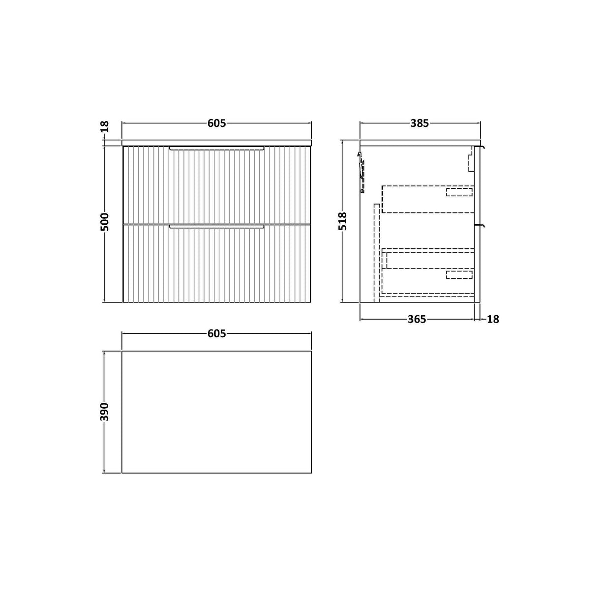 [BFFF893W] Tixall Fluted 2 Drawer Wall Hung Vanity Unit with Worktop - Choice of Size and Colour - Technical Drawing