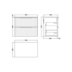 [BFFF893W] Tixall Fluted 2 Drawer Wall Hung Vanity Unit with Worktop - Choice of Size and Colour - Technical Drawing