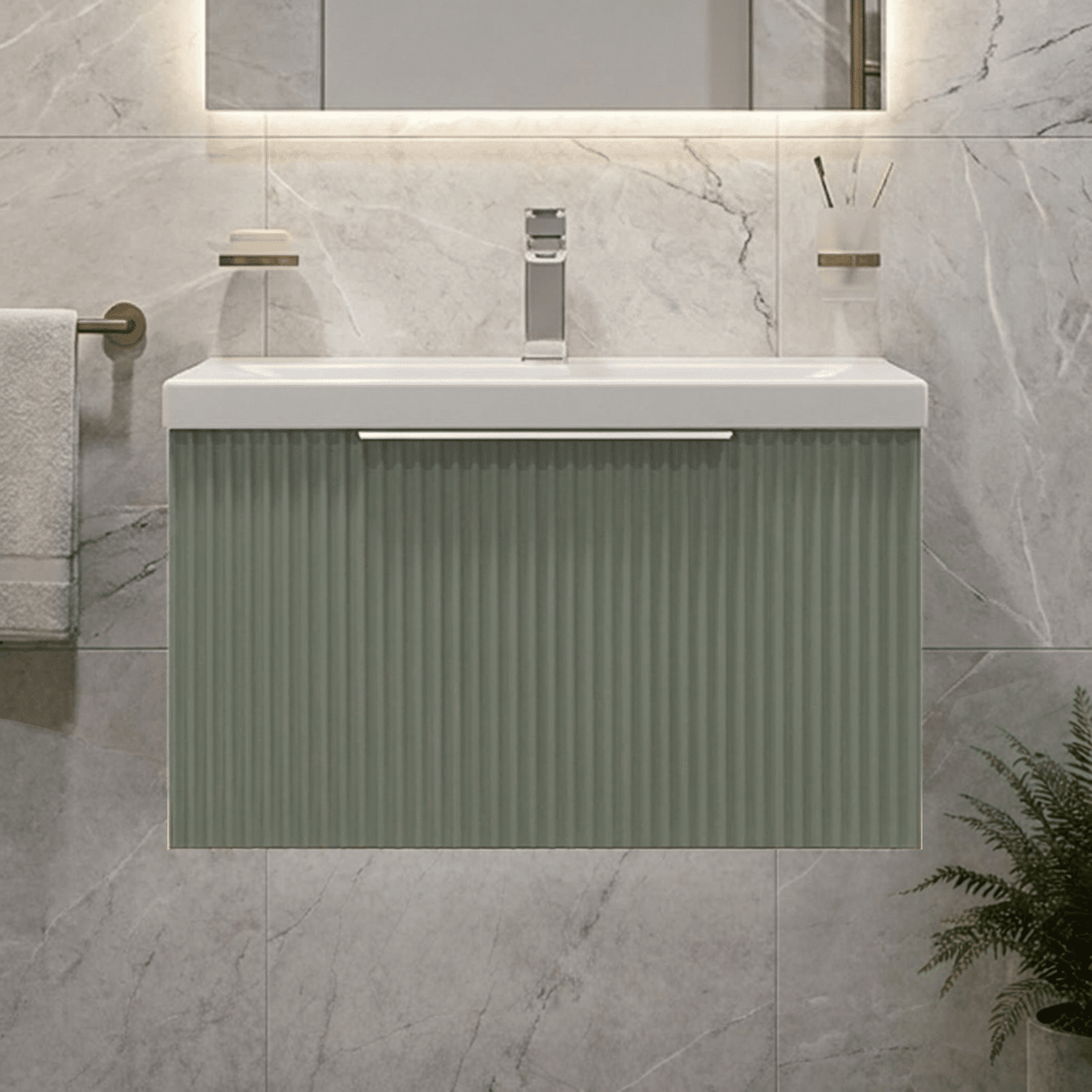 [BFFF894A] Tixall Fluted Front Wall Hung Vanity Basin Unit with Choice of Size, Colour and Handle Options - Silo