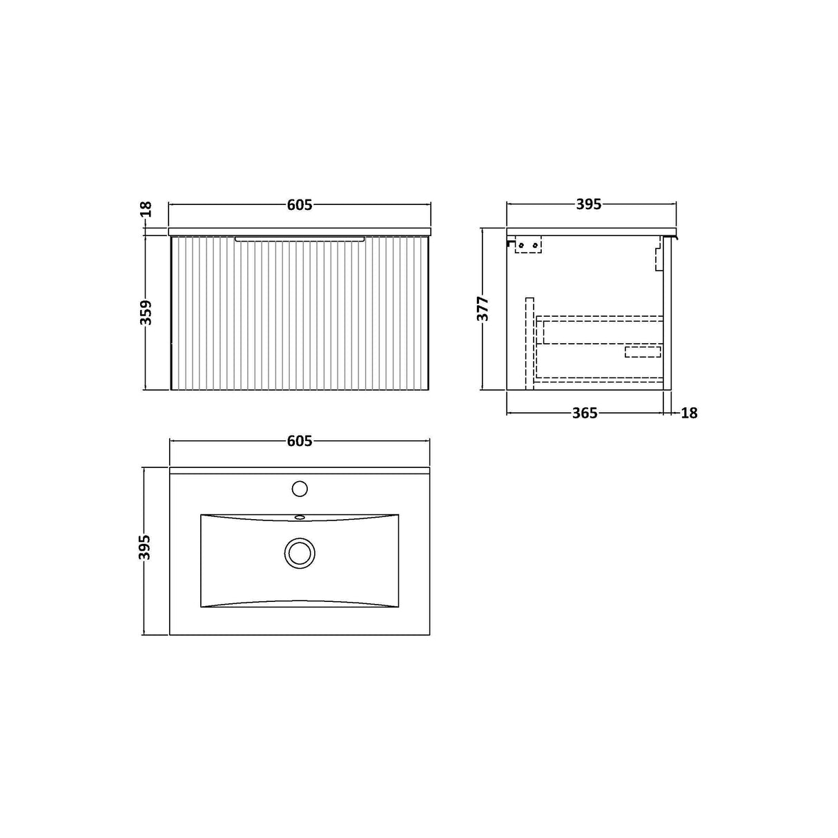 [BFFF894B] Tixall 1 Drawer Wall Hung Vanity Basin Unit with 1 Tap Hole Minimalist Ceramic Basin, Choice of Size and Colour - Technical Drawing
