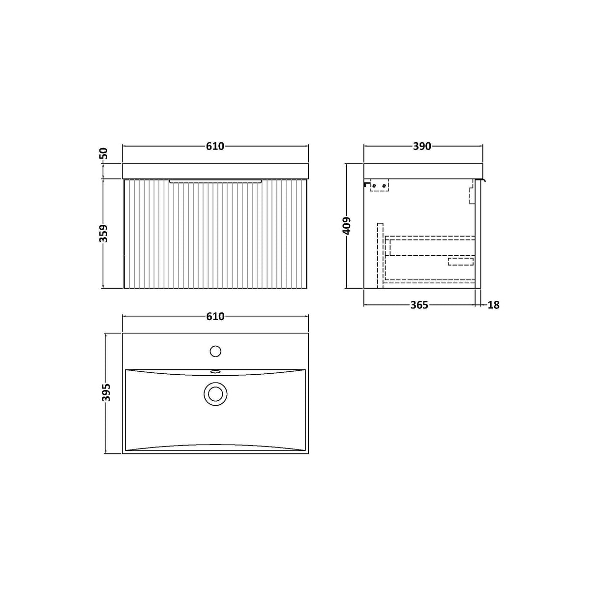 [BFFF894D] Tixall 1 Drawer Wall Hung Vanity Basin Unit with 1 Tap Hole Thin-Edge Ceramic Basin, Choice of Size and Colour - Technical Drawing