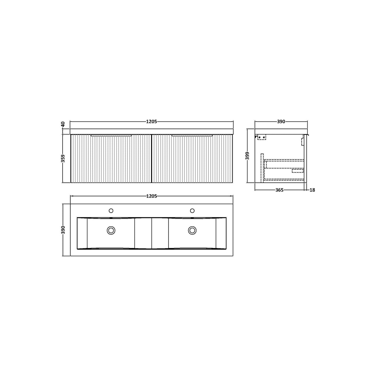 [BFFF894F] Tixall Fluted 2 Drawer Wall Hung Vanity Unit with Double Basin - Choice of Colour - Technical Drawing
