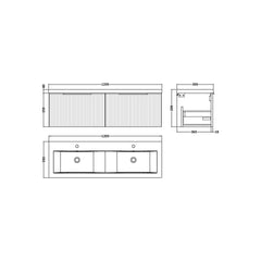 [BFFF894F] Tixall Fluted 2 Drawer Wall Hung Vanity Unit with Double Basin - Choice of Colour - Technical Drawing
