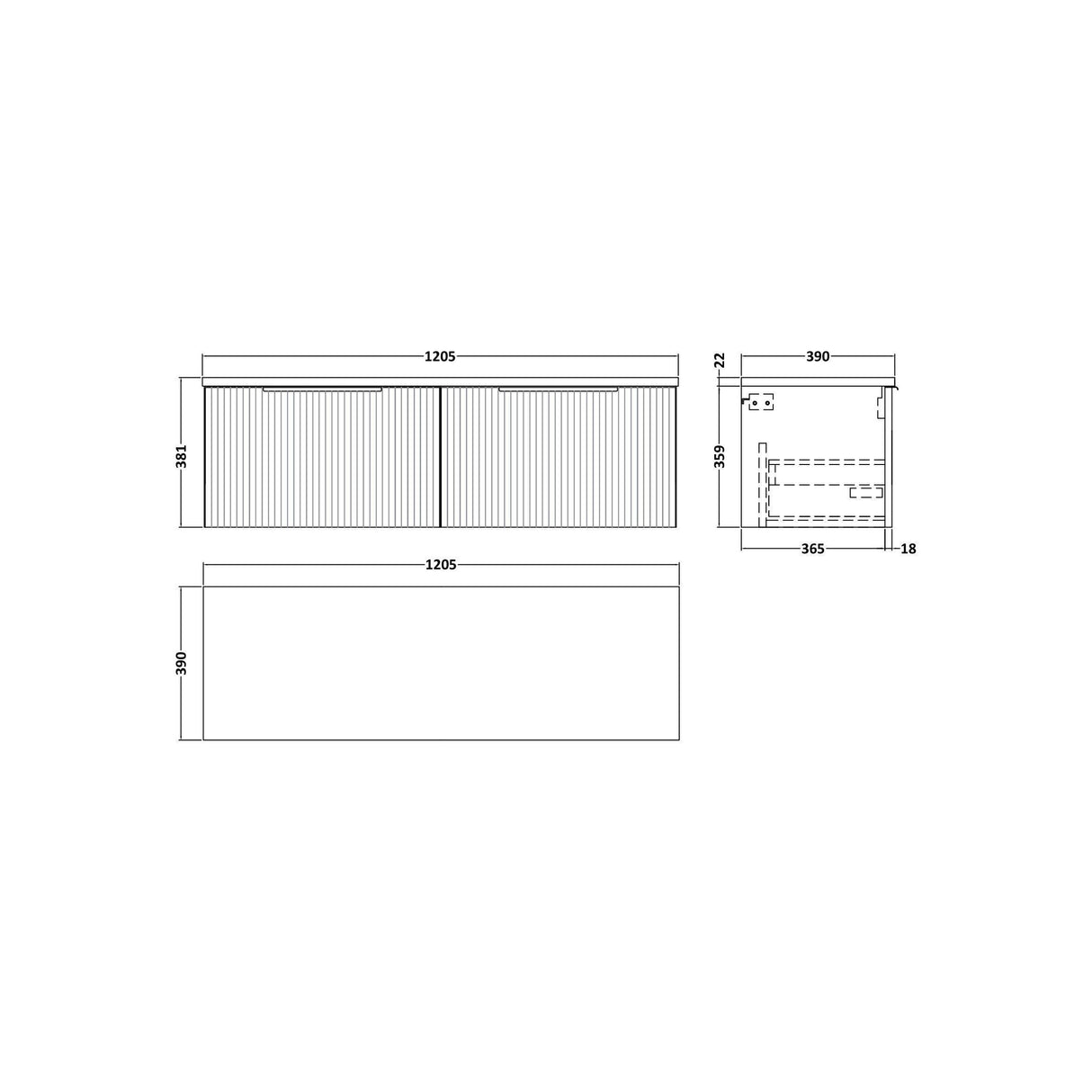 [BFFF894LBG2] Tixall Fluted 2 Drawer Wall Hung Vanity Unit with Bellato Grey Laminate Worktop - Choice of Colour - Technical Drawing